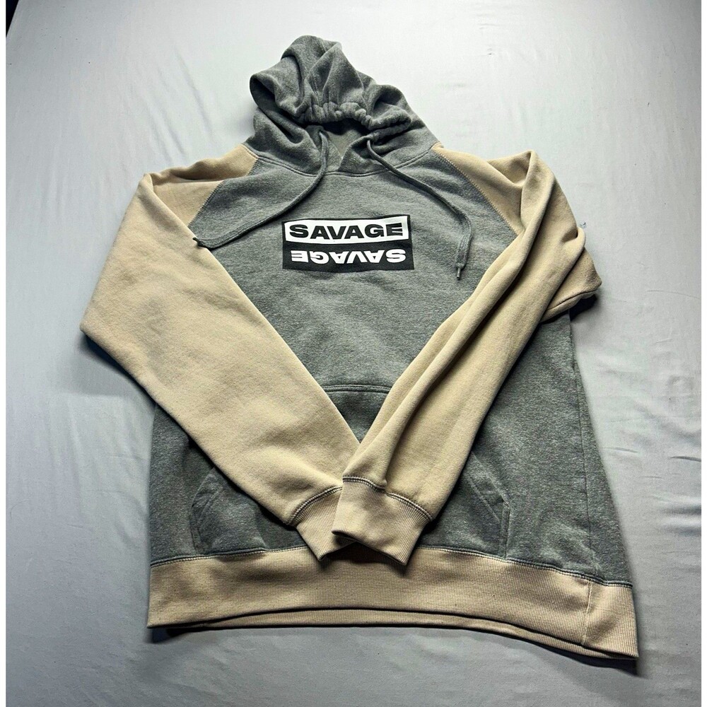 MV Sport Men’s L Gray/Beige Fleece Graphic Savage Logo Pullover Hoodie Pockets